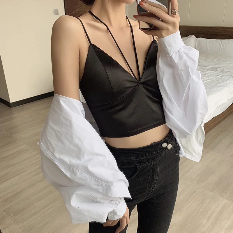 

Tank Tops Women Crop Top Halter Top Women Camisole Chiffon 2019 Summer Style Sexy Sleeveless Vest Slim White Tops Roupas Femin