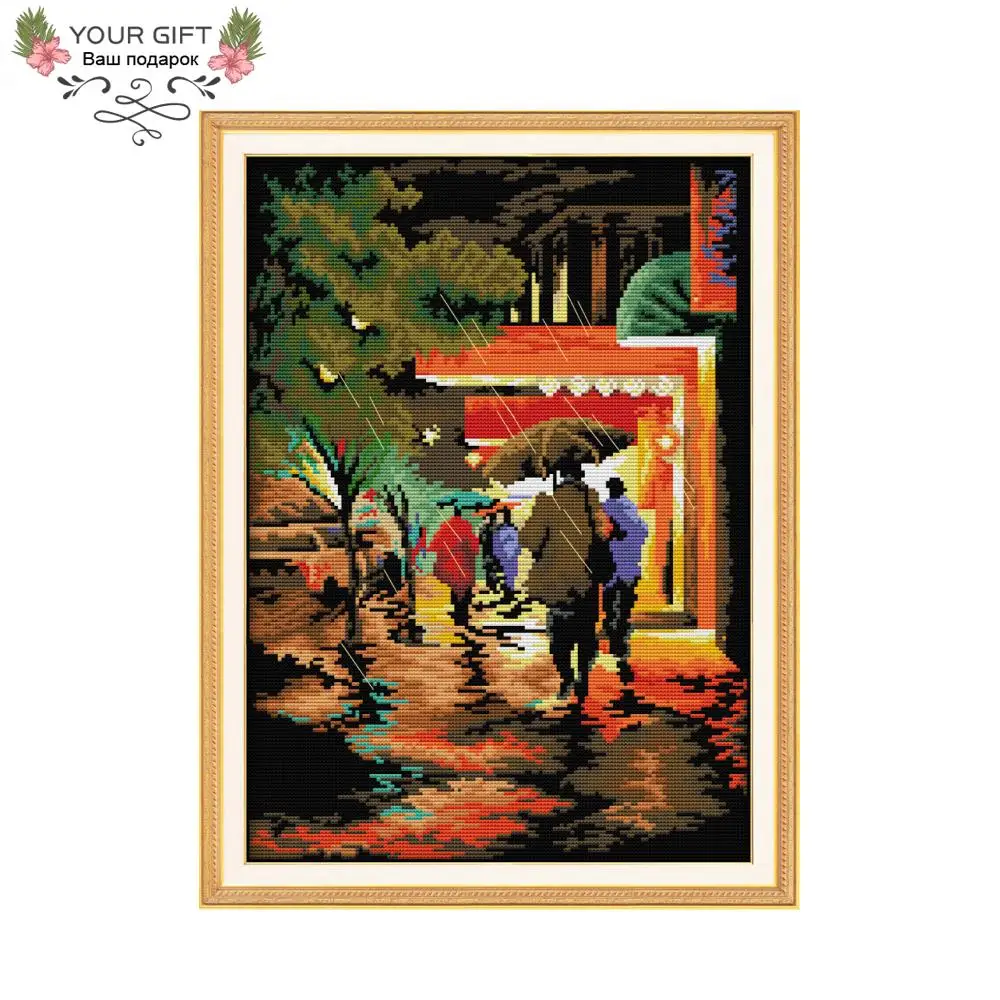 

Joy Sunday Night View F969 Counted and Stamped Home Decor A Streetscape In The Rainy Night Needlepoint Embroidery Cross Stitch