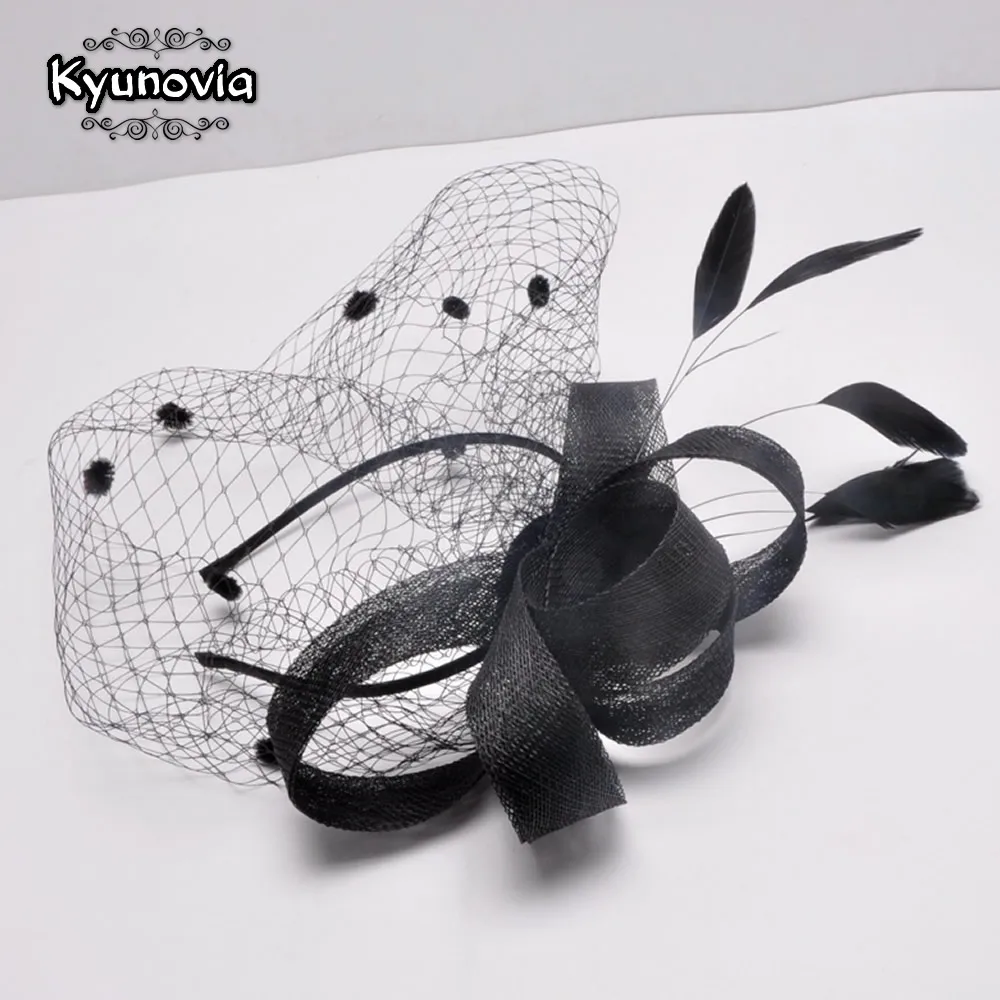 Kyunovia Черная вуаль для невесты Свадебная вуалетка с цветами и перьями Вуалетка