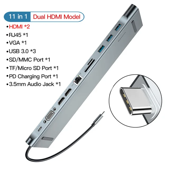 1 to 11 Baseus 11 в 1 мульти USB C концентратор type C к HDMI VGA RJ45 несколько портов USB 3,0 USB3.0 type-C разветвитель для Macbook Pro Air USB-C HUB - Color: 1 to 11