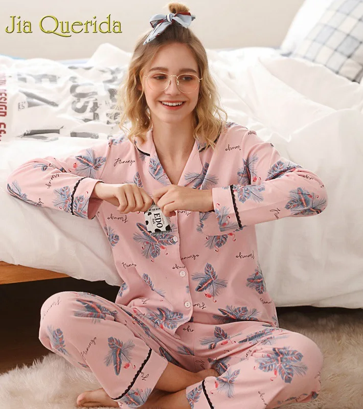 J & Q Pjs для женщин 2019 Весна Новая мода пижамный комплект 2 шт. Женская хлопковая