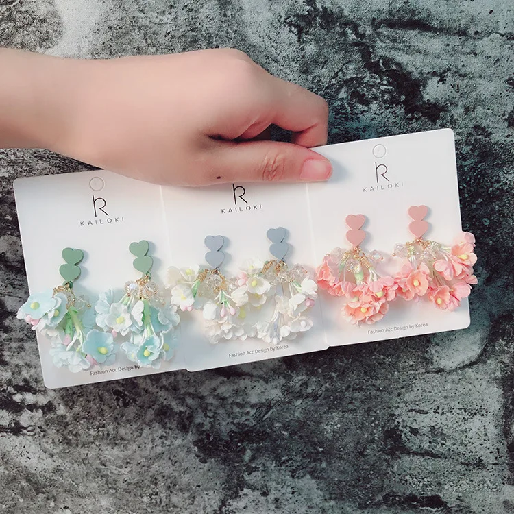 Korean Females sweet personality heart earing temperament pink Dry flowers crystal water drop earrings for women fashion jewelry | Украшения