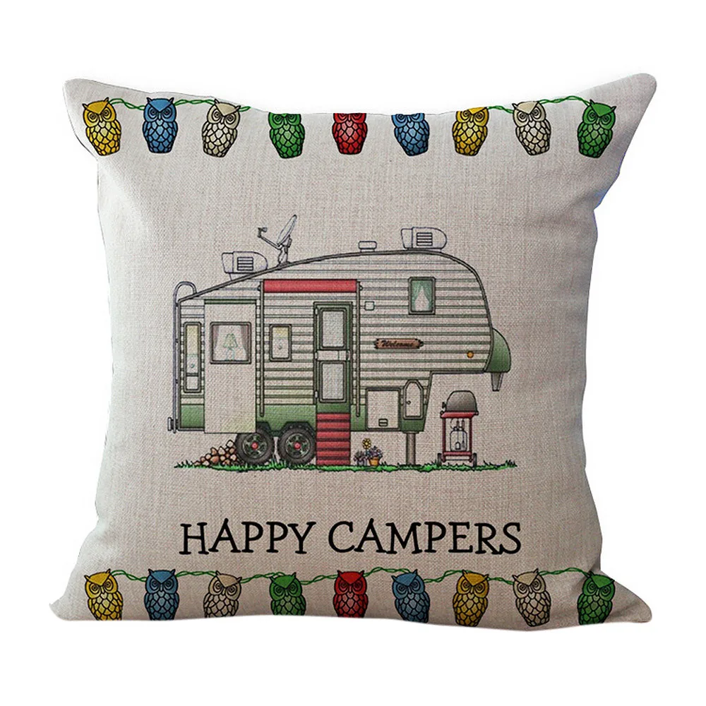 Gajjar Linen Cushion Cover Happy Campers Throw Pillow Case Letter Car For Sofa Bedroom Home Decoration 45cm*45cm402 | Дом и сад