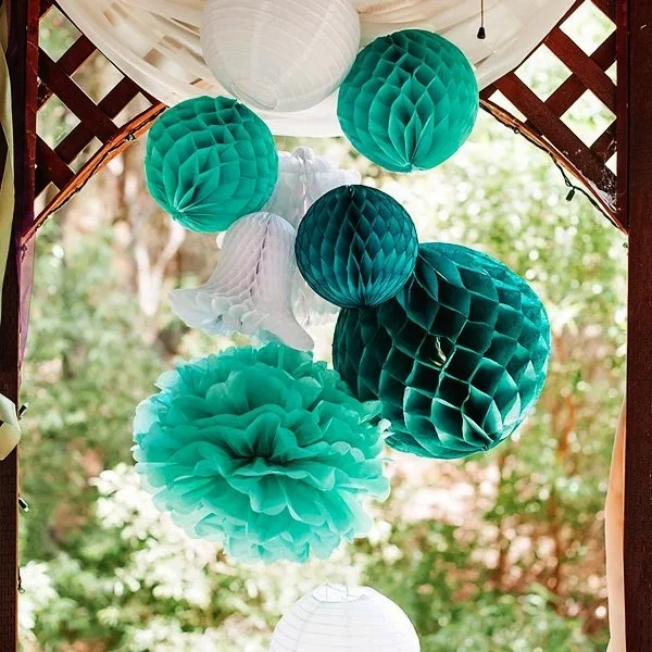 

8pc Teal White Party Decoration Kit Tissue Pom Poms Paper Lanterns For Wedding Decor Birthday Party Home Garden Decoration