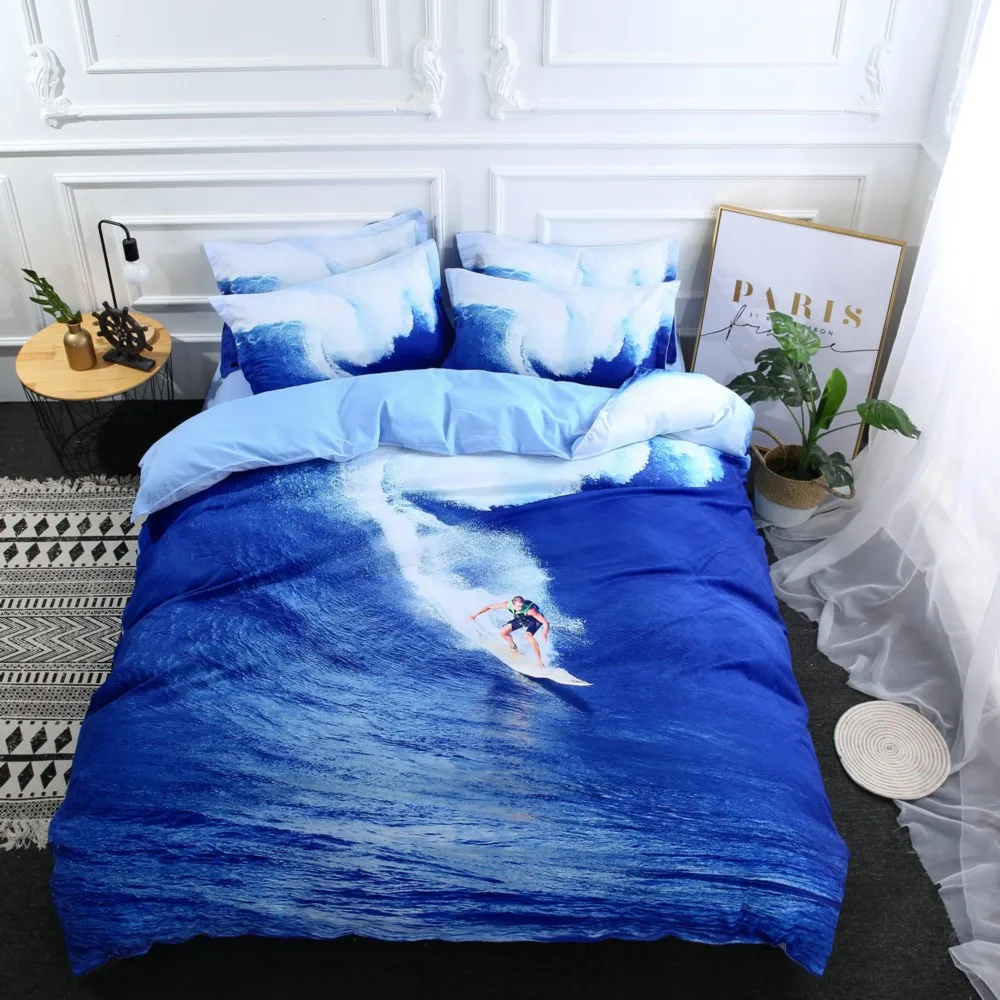 Economici Trasporto Di Goccia 3D Stampa Digitale Copripiumino Federe Della Boemia Fiore Blu Morbido Letto Coperture 3/4 Pz Surfing Boy Regalo