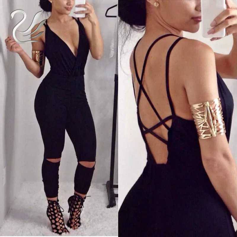 

Womens Sexy V Neck Sleeveless Backless Bandage Crosses Front Hollow Knee Cut Stretchy Bodycon Evening Party Long Jumpsuit Romper