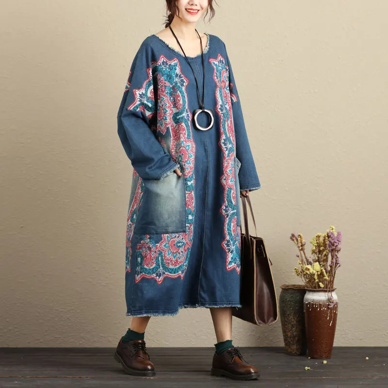 

Oversized Baggy Dress Ladies Plus Size Bat Sleeve Knitted cowboy Dress Bleached Vintage Baggy Denim Long Printed Dresses