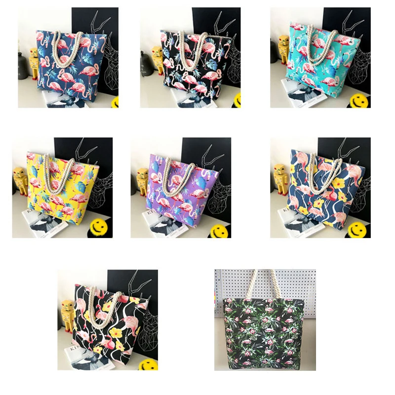 

BONAMIE Flamingo Printed Tote Handbag Casual Women Linen Beach Bags High Quality Female Single Shoulder Handbags For Girl Lady