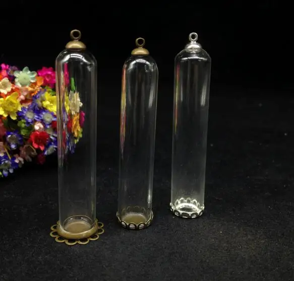 

3pcs 60*12mm High quality bell jars tube shape with lace tray 6mm cap glass vial pendant diy glass bottle cover dome container