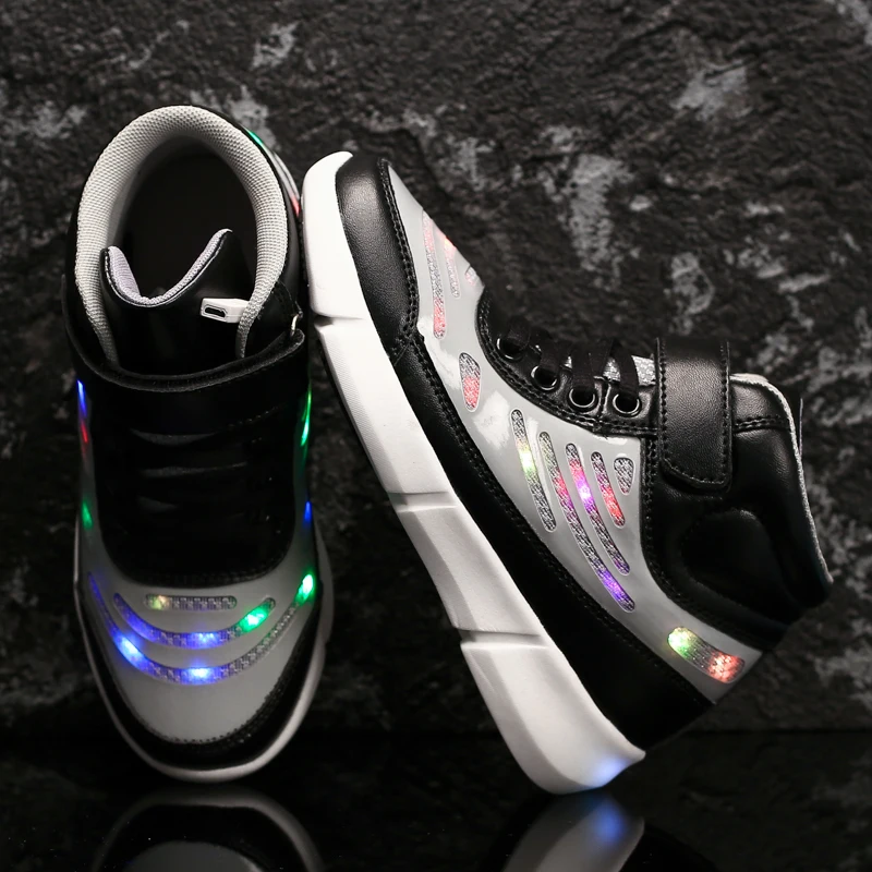 LED Luminous Kids Shoes Boys Girls Running 2019 Fashion High Top Children Casual Sports with Light Sneakers | Детская одежда и