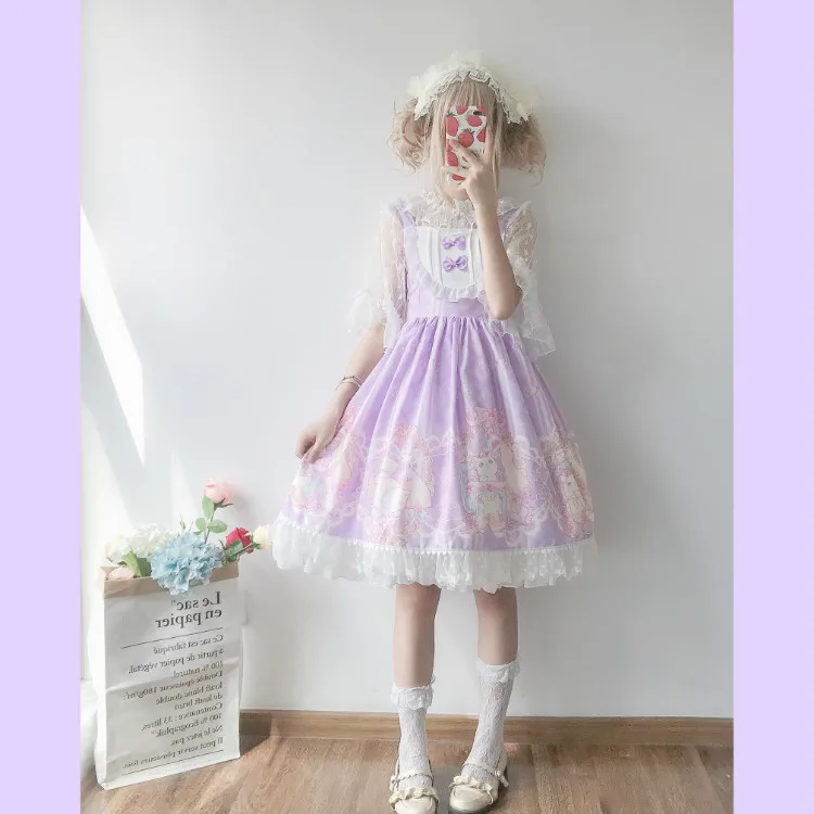 Kawaii японская Лолита АО платье женская летняя обувь мягкой сестра ветер милые с рисунком кошки с бантом в стиле «лолита» с ремешком и милым милое платье