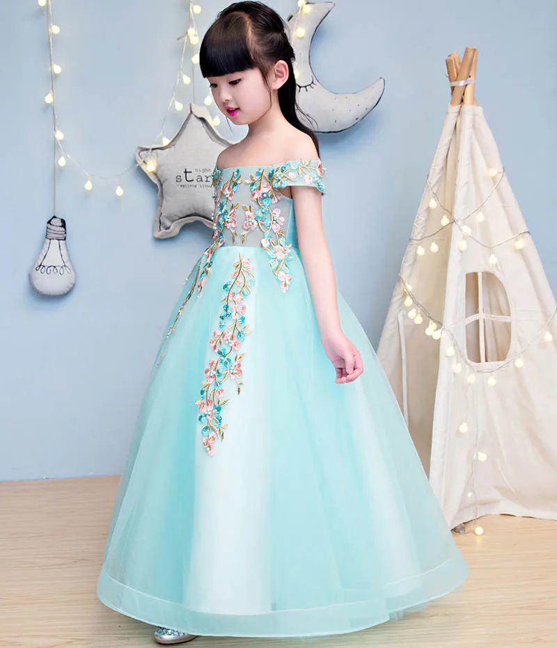 Long Dress IYEAL принцесса сиреневый длинный Девушки Бальные и конкурсные Детские платья выпускного вечера Пышное Тюлевое бальное платье без Плеч вышитое свадебное платье - Цвет: Long Dress