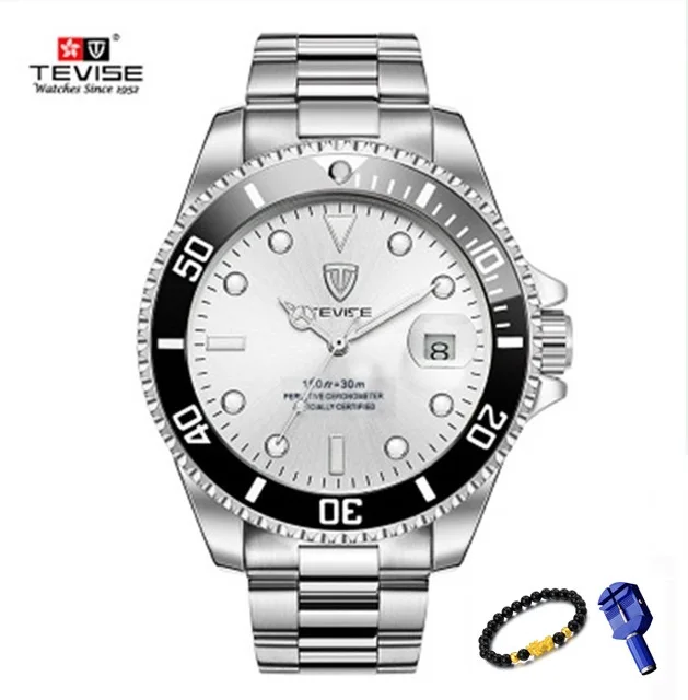 White SilverSteel Tevise Роскошные водонепроницаемые автоматические мужские механические часы с автоматической датой, полностью стальные бизнес-часы от ведущего бренда, водонепроницаемые часы T801 - Цвет: White SilverSteel