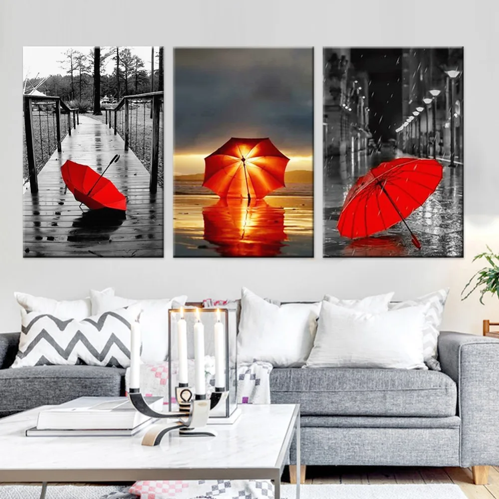 3 шт. черный белый Городские улицы красный зонтик современные картины на холсте