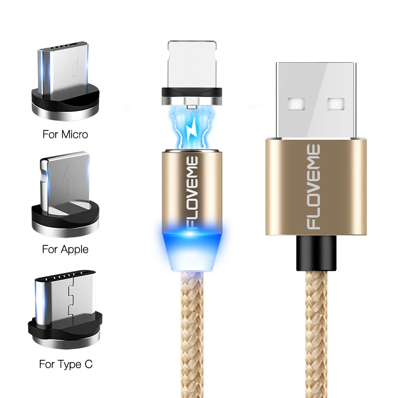 Gold FLOVEME 360 градусов 3 в 1 Магнитный кабель для iPhone X 8 освещение Micro usb type-C светодиодный нейлоновый плетеный провод Магнитный кабель для зарядного устройства C - Цвет: Gold