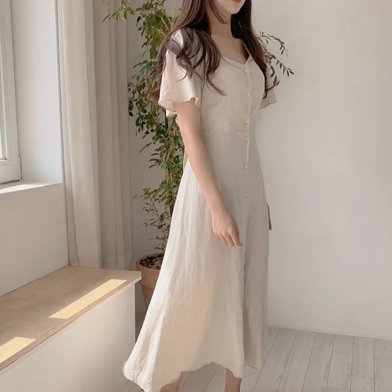 Женское винтажное платье длинное Хлопковое платье-рубашка с пуговицами и бантом