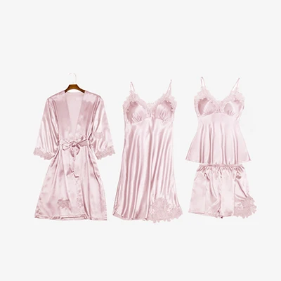 pink 4 Весенний Сексуальный Атласный халат наборы женские кружевные элегантные дамские Домашняя одежда летняя мягкая комбинация платье брюки Ночное белье Большие размеры - Цвет: pink 4