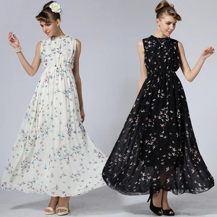 2015 Summer Style Black White Pleated Maxi Robe O-neck Tank Loose Print Floral Women Beach Chiffon Vestidos Long Bohemian Dress | Женская