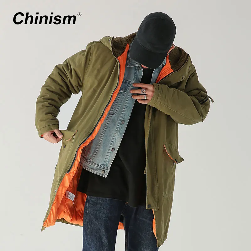 CHINISM army green длинный Тренч Мужская Зимняя Толстая Повседневная Верхняя одежда с