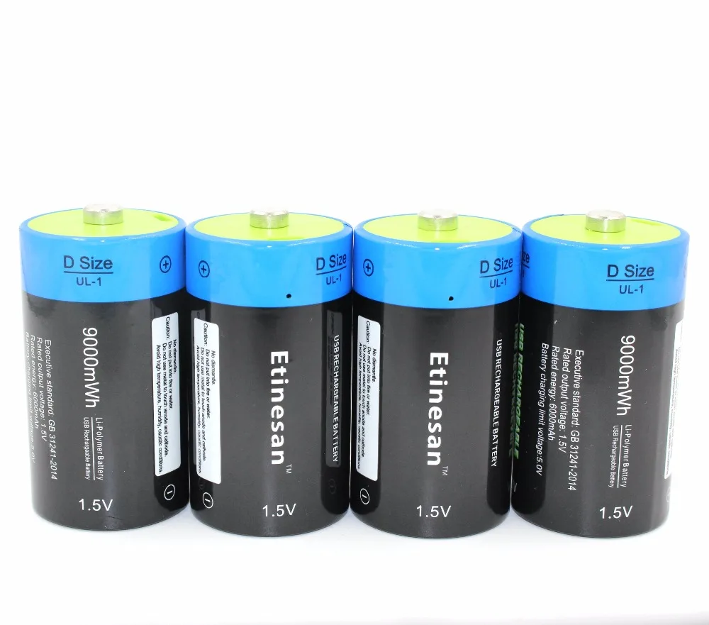 

NEW ETINESAN 4pcs1.5v Lithium li-polymer 9000mWh D size rechargeable battery +1 usb charging cable