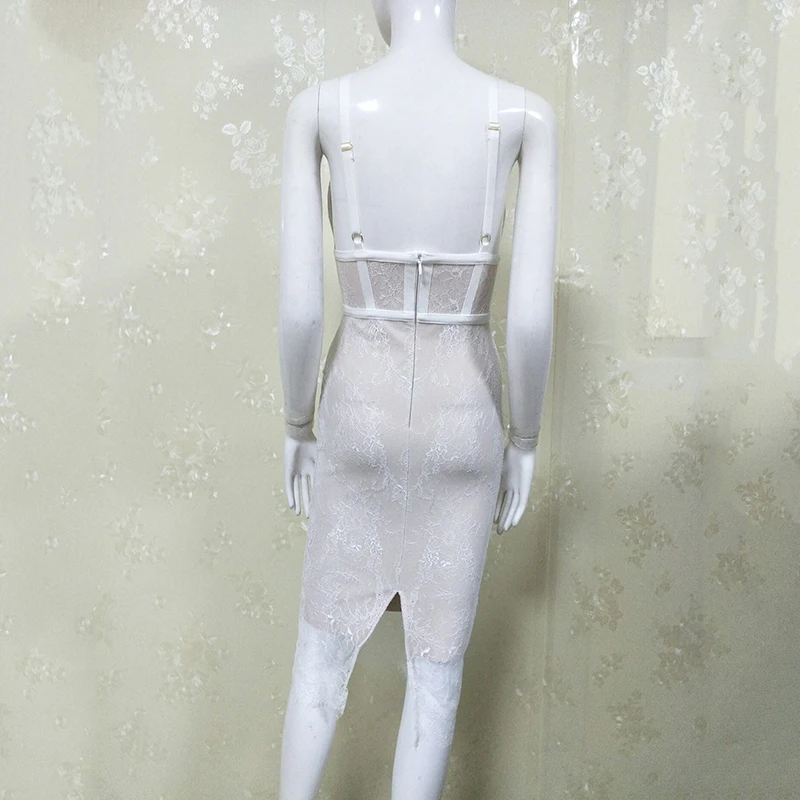 

High Quality White v-neck Lace Bodycon Rayon Bandage Dress Homecoming Party Dress