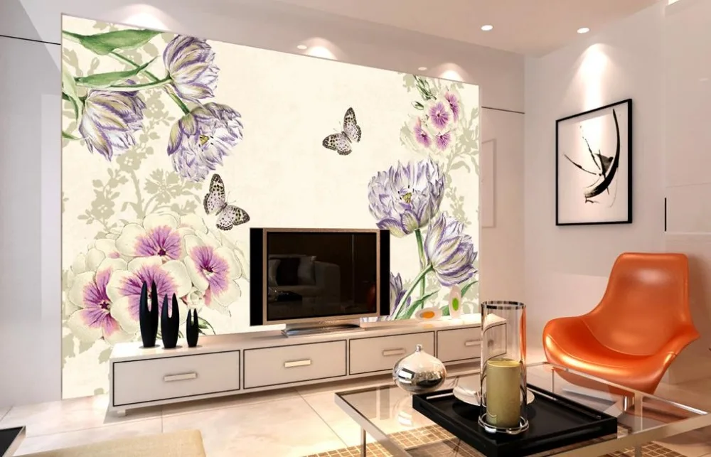 3d обои для комнаты ручная роспись тюльпаны фиолетовые цветы Европейский стиль