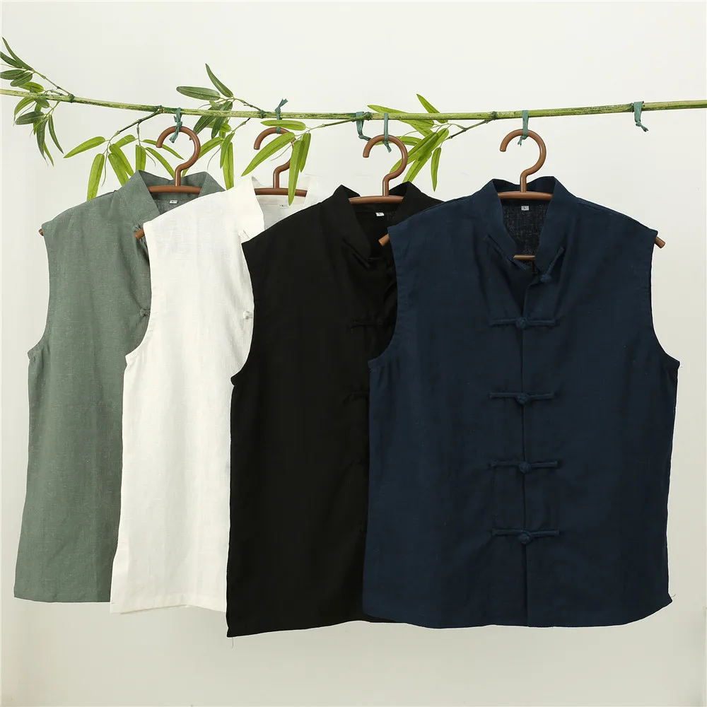 LZJN Men's Summer Waistcoat Chinese Style Vintage Breathable Linen Button Down Kung Fu Shirt Sleeveless Vest Jacket