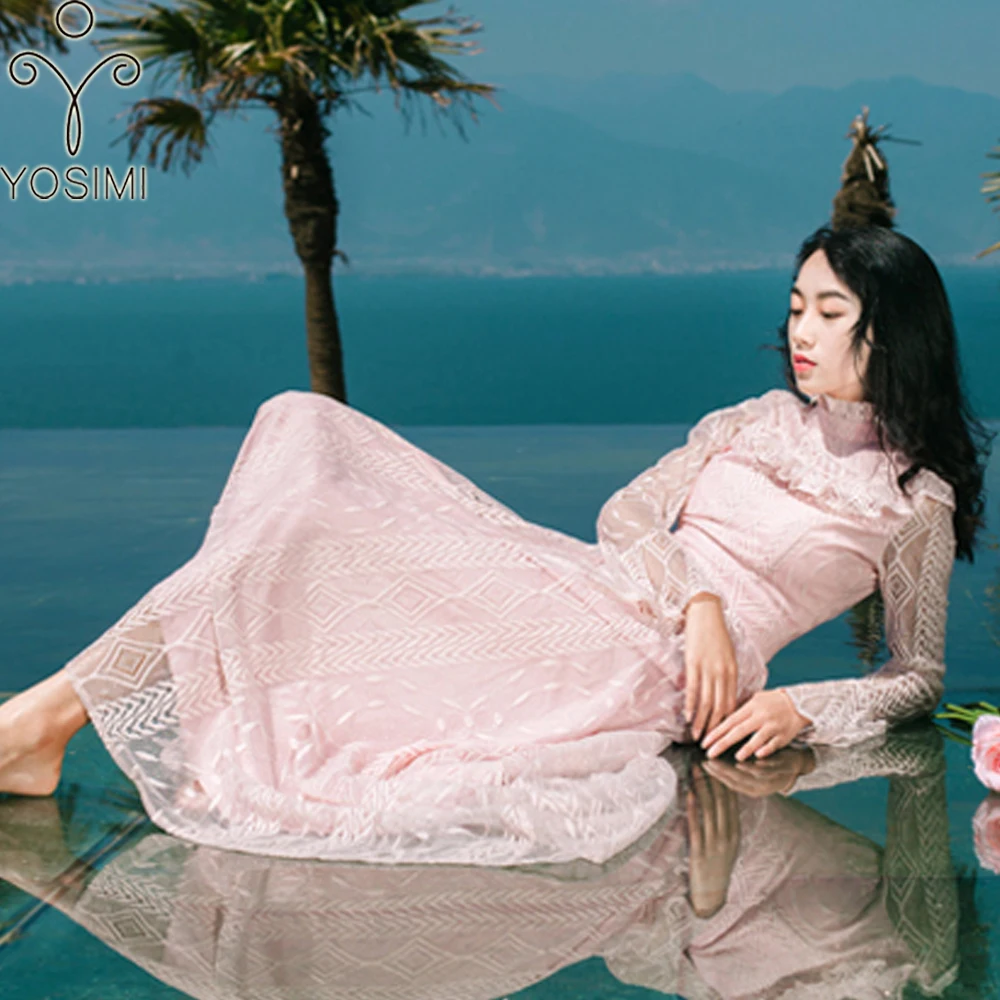 YOSIMI 2019 весеннее кружевное женское платье бежевые вечерние розовое макси Винтаж