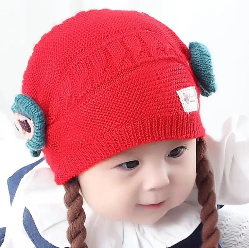 only hat red Корейские детские вязаные шапки с накладными косами, зимние шапки с двумя цветами, комплект из 2 предметов, шарф и шапка для маленьких девочек, возраст от 6 месяцев до 2 лет, MZ4188 - Цвет: only hat red