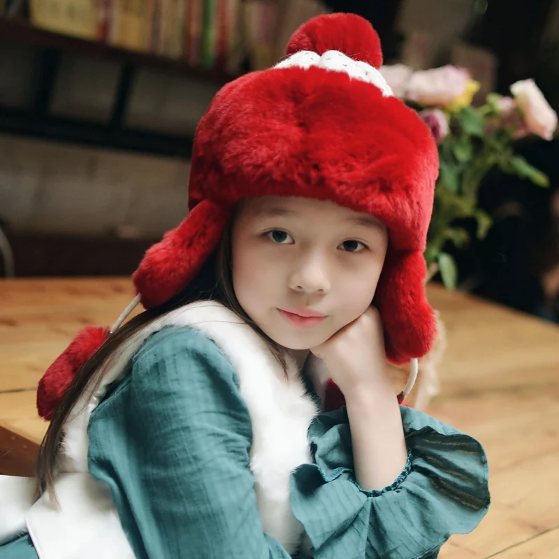 New Winter Natural Real Rex Rabbit Hat With Earflaps Suitable For Child Girls Boys Winter Warm Hat Cute Fashion Birthday Gift