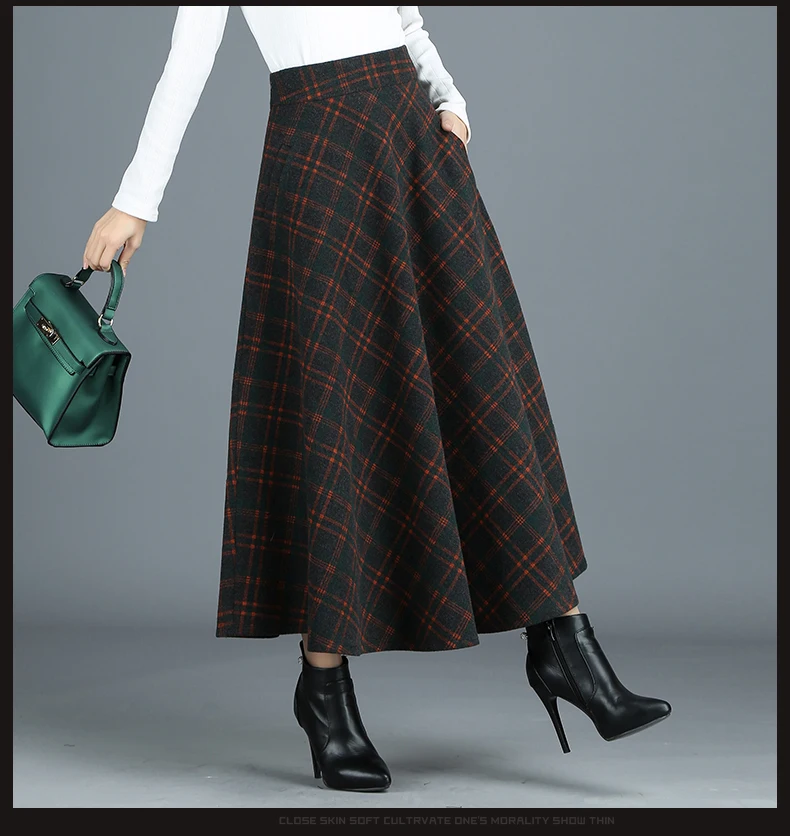 S-4XL New Women's Wool Blends Skirts Winter Autumn Fashion Elegant Printed Plaid Thicken Slim Medium Length Skirt Female