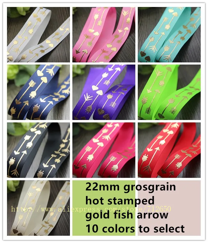 7/8'' 22mm gold fish arrow hot stamped grosgrain ribbon printed ribbon diy Bow Gift Wrap ribbon 10 yards free shipping 10 colors