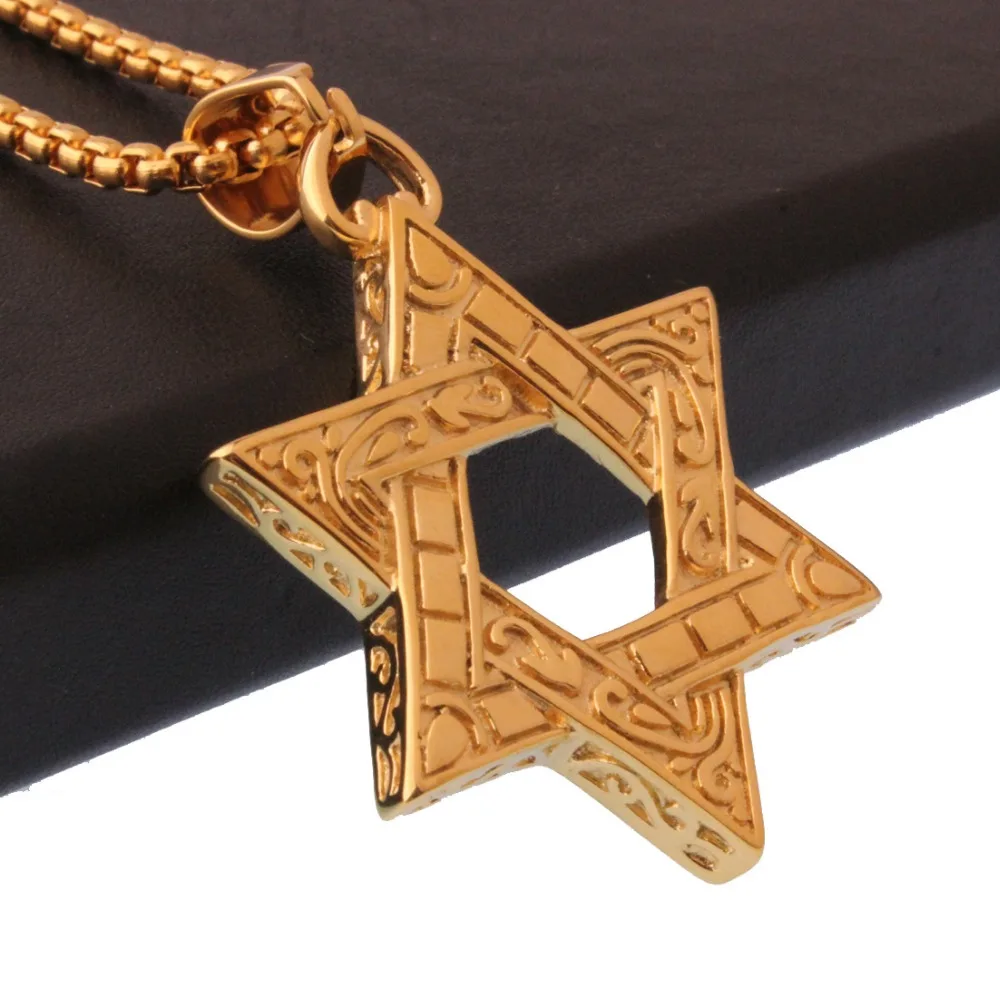 

High Quality 316L Stainless Steel Gold Tone Hexagon Star Biker Jewelry Men's Unisex's Pendant Necklace Box Chain 24" Xmas Gift