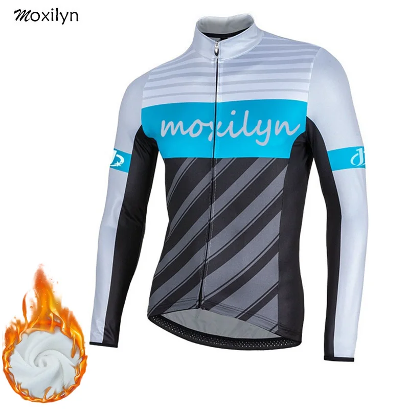 jersey with fleece 1 Moxilyn, майка для велоспорта, с длинным рукавом, дышащая, зимняя, для мужчин, Roda Bike, одежда для велоспорта, Майо, Ciclismo, одежда синего и красного цвета - Цвет: jersey with fleece 1