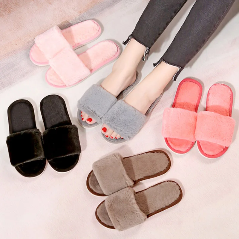 Домашние тапки с открытым носком женские домашние из искусственного меха