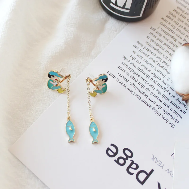 Серьги ограниченной Мода Рисунок Новый 2018 японский мальчик рыбалка длинные