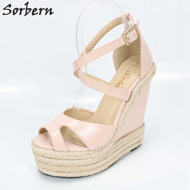 Nude Pink Sorbern веревки на танкетке на высоком каблуке 18 см высокие каблуки Размеры 13 обувь для Для женщин плюс размеры 34–46 изготовленный на заказ Босоножки с открытым носком с красивым принтом; обувь с Новые поступления - Цвет: Nude Pink
