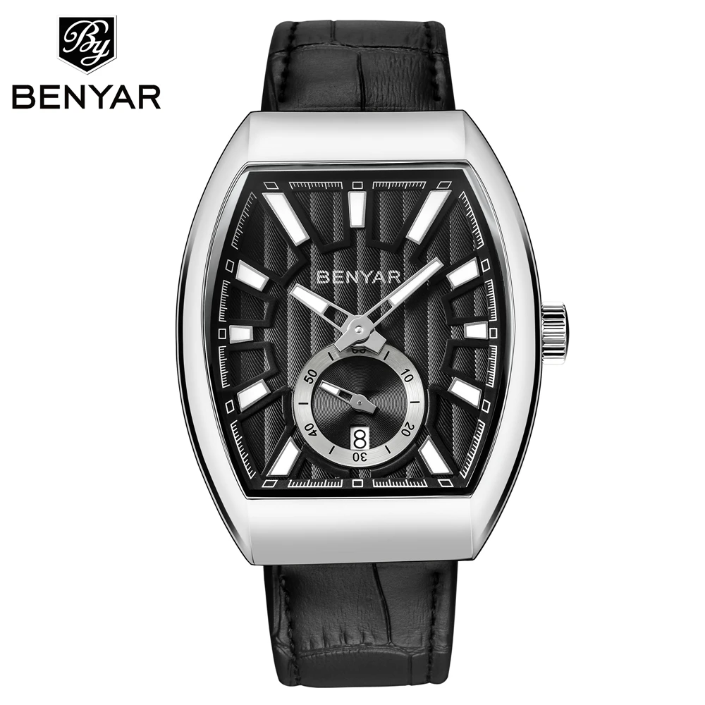 Silver Black Топ класса люкс BENYAR новые кварцевые мужские s часы Брендовые мужские военные кожаные мужские спортивные часы ЧАС ДАТА водонепроницаемые Relogio Masculino - Цвет: Silver Black