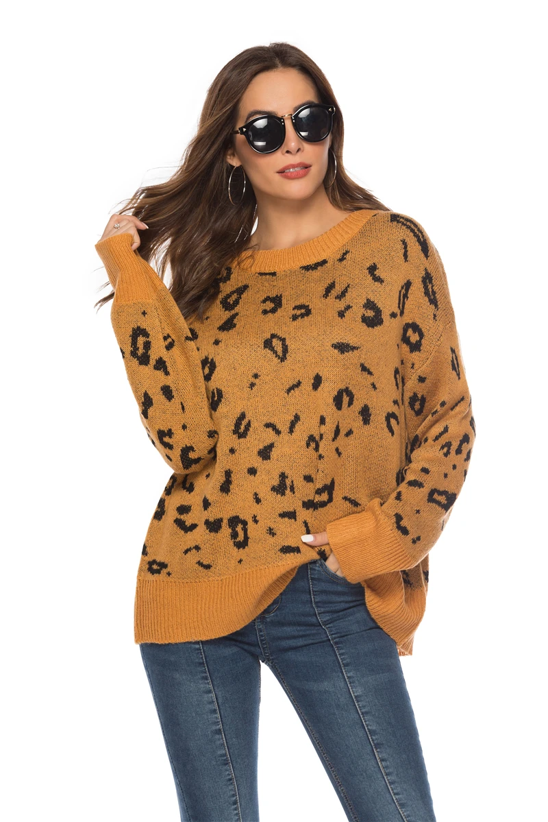 Leopard knitted Sweater Women Autumn Winter Fashion Female Clothing Print Flower O-Neck Outerwear Elegant Trench Overcoats | Женская