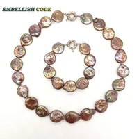 baroque pearl choker statement necklace bracelet brown coffee color round coin button flat shape natural freshwater pearls