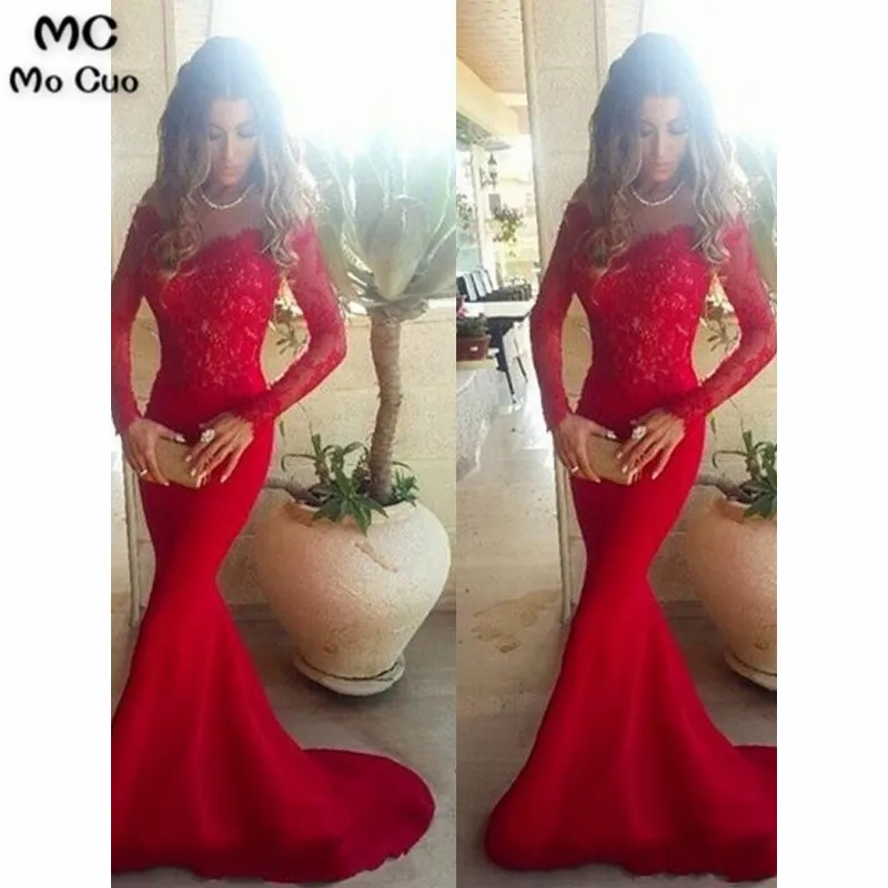 Платья на вечеринке рыбий хвост с длинным рукавом из кружева с шлейфом на эластичной атласной ткани с открытыми плечами 2019 года для женщин.