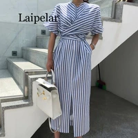 laipelar women summer cotton blue striped bandage split long dress female long plus size robe femme