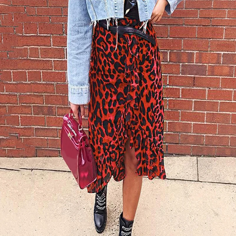 Melegant High Waist Vintage Skirt Women Sexy Leopard Print Red Party Split Midi Skirts Ruffe Asymmetrical Female Faldas | Женская одежда
