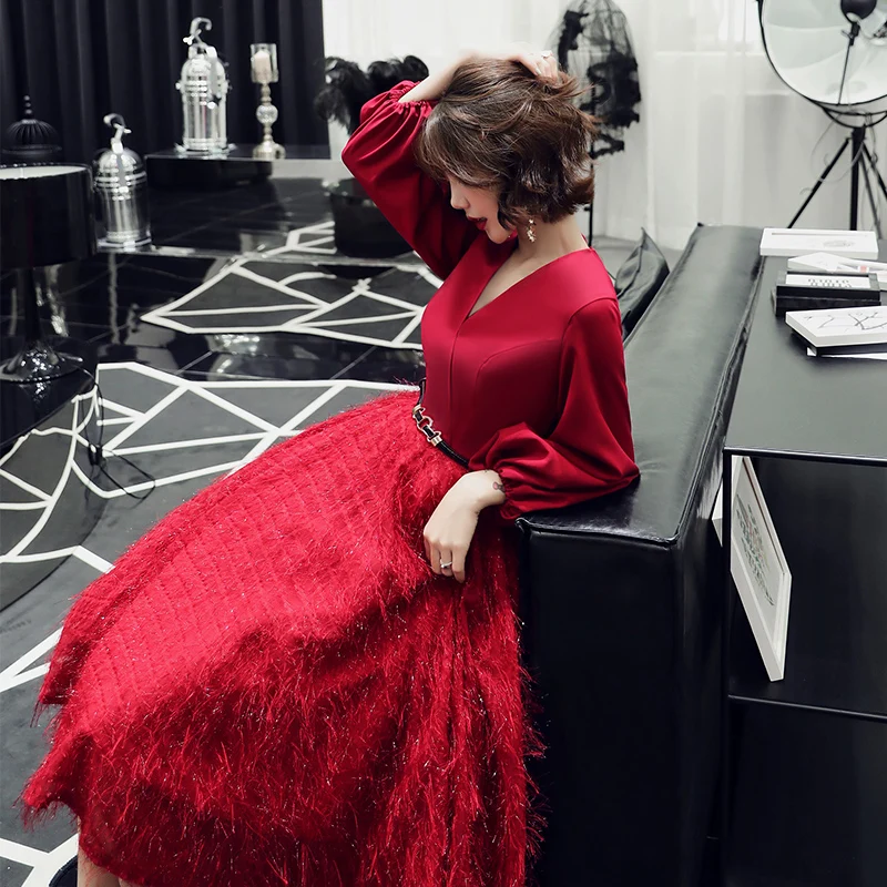 wei yin Robe De Soiree Lace Sexy V-neck Long Evening Dresses 2020 Bride Banquet Elegant Tea-length Party Prom Dress WY1695 | Свадьбы и