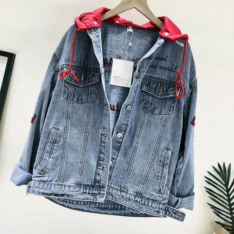 Spring Loose female jacket High Quality Embroidery Harajuku Hooded Jean Jacket Female BF Autumn Coat Denim jacket for women
