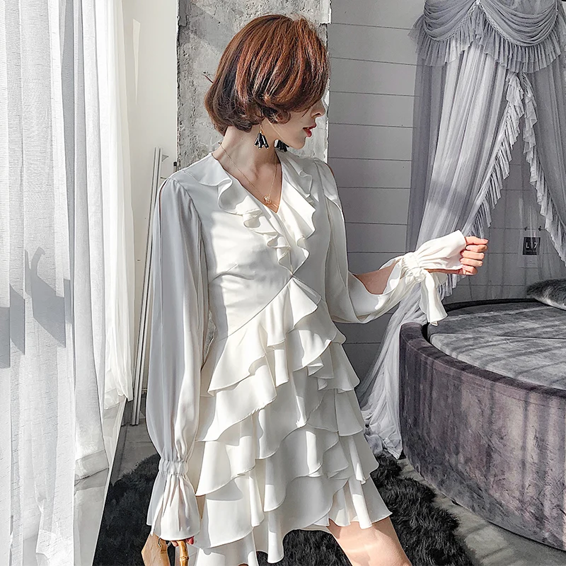 

YIGELILA Women Ruffles Dress Summer Fashion Elegant V-neck Lantern Sleeve Hollow Out Empire Slim Knee Length Dress 64427