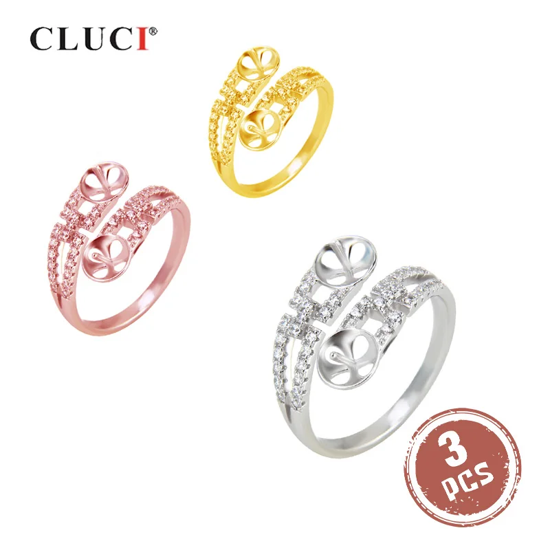 

CLUCI 3pcs 925 Sterling Silver Adjustable Rose Gold Pearl Ring Mounting Symmetric Women Zircon Wedding Engagement Ring SR2062SB