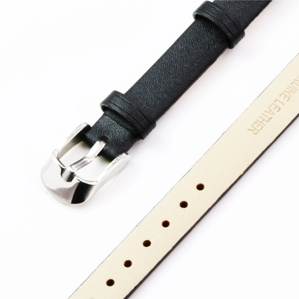 

Way Deng - Women Girls Soft Plain Black Real Leather Watchband Watch Band Replacement Silver Pin Buckle Two-piece Strap 10mm