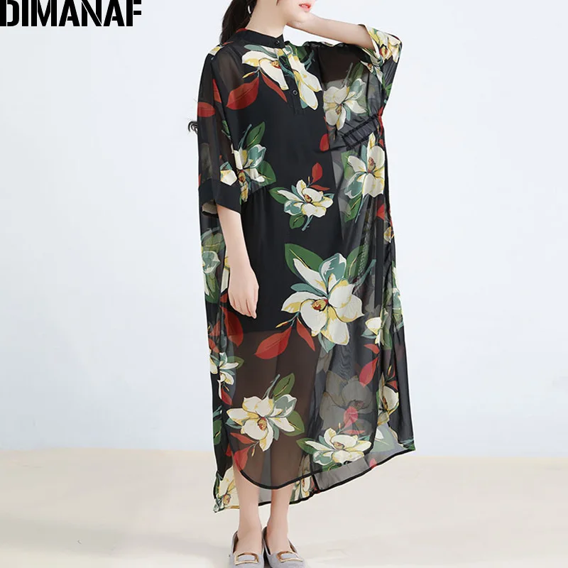 

DIMANAF Summer Beach Women Oversize Chiffon Dress Print Floral Black Casual Loose Female Vestidos Fashion Big Size Dress 2021