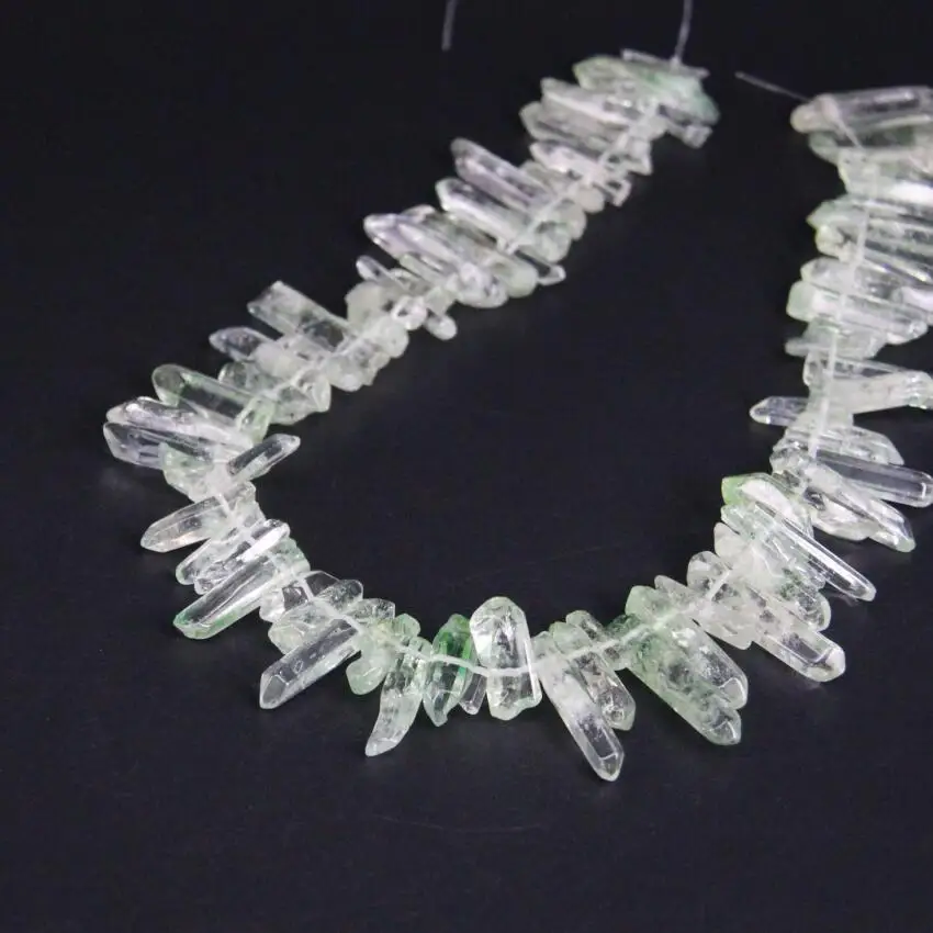 

15.5"strand Polished Green Titanium Crystal Quartz Top Drilled Point Loose Beads,Raw Crystal Stick Pendant Beads Jewelry Making